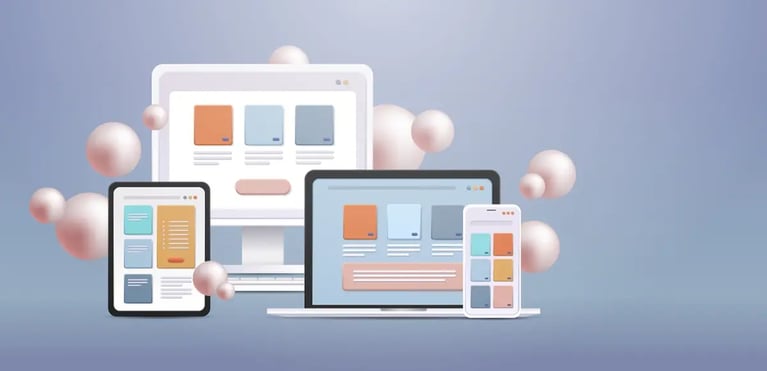 Devices showcase responsive design across a tablet, laptop, and smartphone against an abstract background.