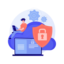 Person sitting on a cloud with a laptop, shield icon and gears representing cloud computing security.