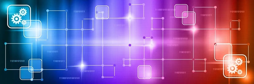 An abstract digital background with a gradient from blue to red and connected nodes, symbolizing a network or data structure.