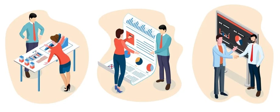 Three isometric illustrations depicting business scenarios: a woman analyzing a graph on a computer, a team discussing over a chart on a board, and two men reviewing a financial dashboard.