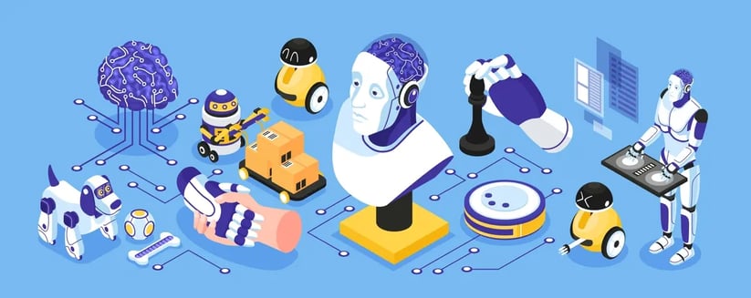 The image shows a collection of interconnected robots and AI, with a central brain AI, various service robots, and a robotic dog, in a blue, white, and yellow color scheme.