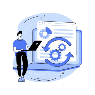 Illustration of a person using a laptop with data charts and gear icons representing digital content optimization.