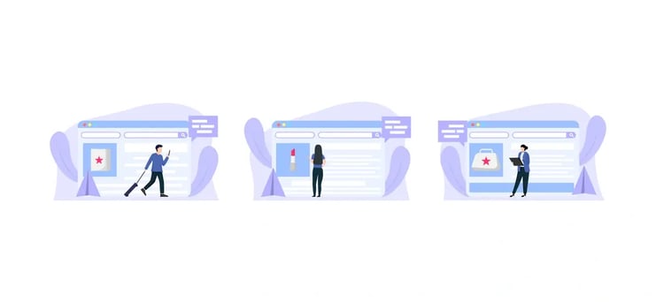 A series of images depicting individuals interacting with website interface elements, highlighting different aspects of web browsing and online engagement.