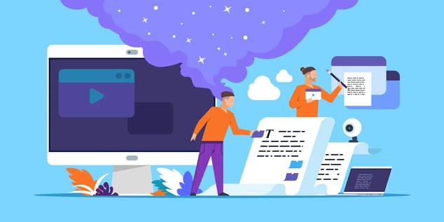 An illustration of two people creating content on a large computer screen, with a video play button and text document, depicting a collaborative content creation process.