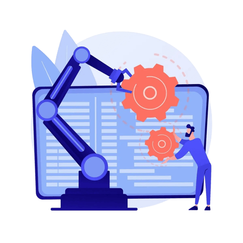 Robotic arm with gears shown alongside a digital configuration interface.