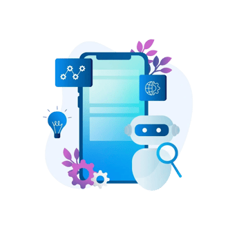AI-powered robot standing in front of a smartphone with automation and web icons.