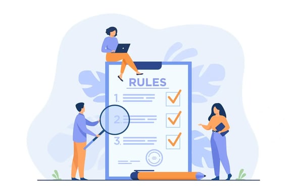 Cartoon of three people reviewing a large checklist titled 'RULES' with checks.