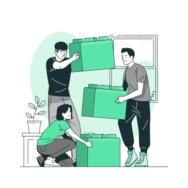 Group of people collaboratively building with large green Lego-like blocks.