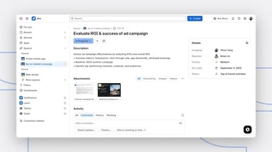 Jira workspace showing a project page for evaluating ROI and campaign success metrics.