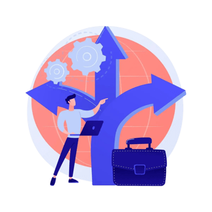 Illustration of a person with a laptop standing at a crossroads, pointing toward large arrows in different directions, symbolizing decision-making and strategy choices.