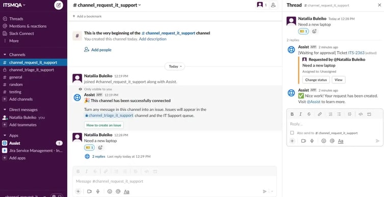 Slack channel where a user request is automatically converted into a Jira ticket using Assist integration.