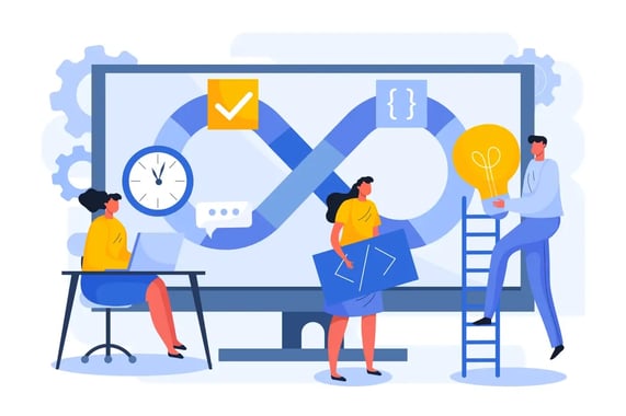 Cartoon of 3 team members planning a project: one at a computer, another with blueprints, and one with an idea bulb, symbolizing teamwork.