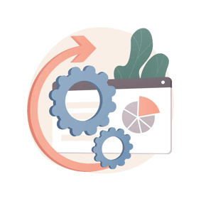 Illustration of gears with a dashboard and pie chart, symbolizing process automation and analytics.