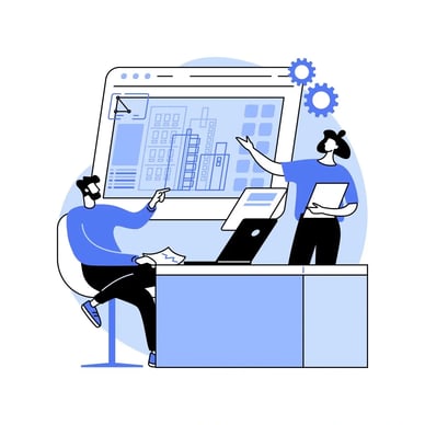 Two people collaborating in front of a large screen displaying software or infrastructure planning.