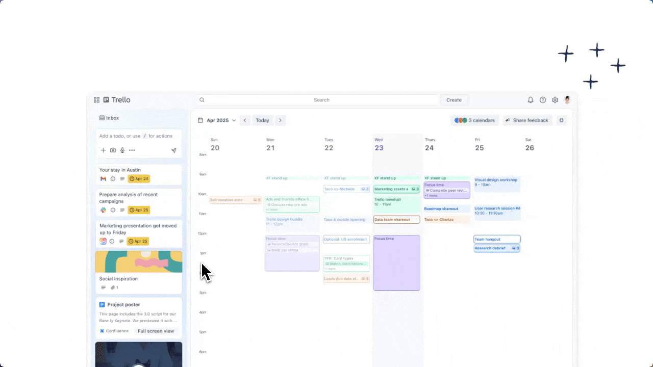 Trello calendar interface displaying weekly events and tasks from multiple integrated calendars.