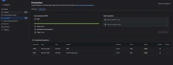 Rovo Evaluation interface showing two completed evaluations, with scores, simulated conversations, and run times displayed in a results table