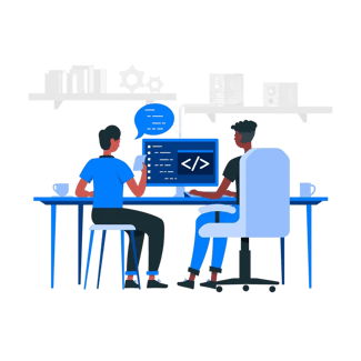 Software developers celebrating a successful app deployment on laptops, with data and AI graphics around.