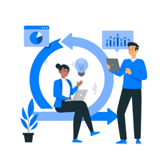 Two people collaborating on agile tasks with laptops, charts, and a lightbulb inside a Scrum cycle.