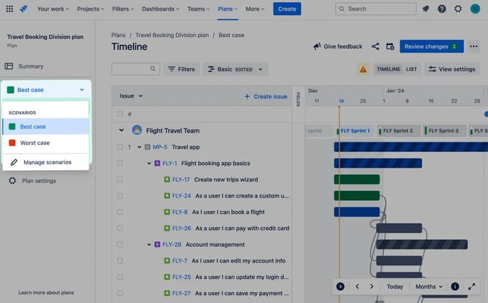 A Jira Plans view showing different scenario options, such as "Best case" and "Worst case," for project planning.