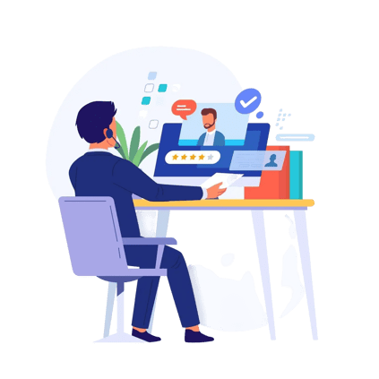 Professional hosting a virtual job interview at a workstation.