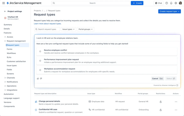 Jira Service Management interface showing available request types for HR workflows.