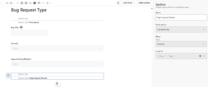 Bug request form in Jira with conditional logic settings for showing the "High Impact Details" section based on severity.