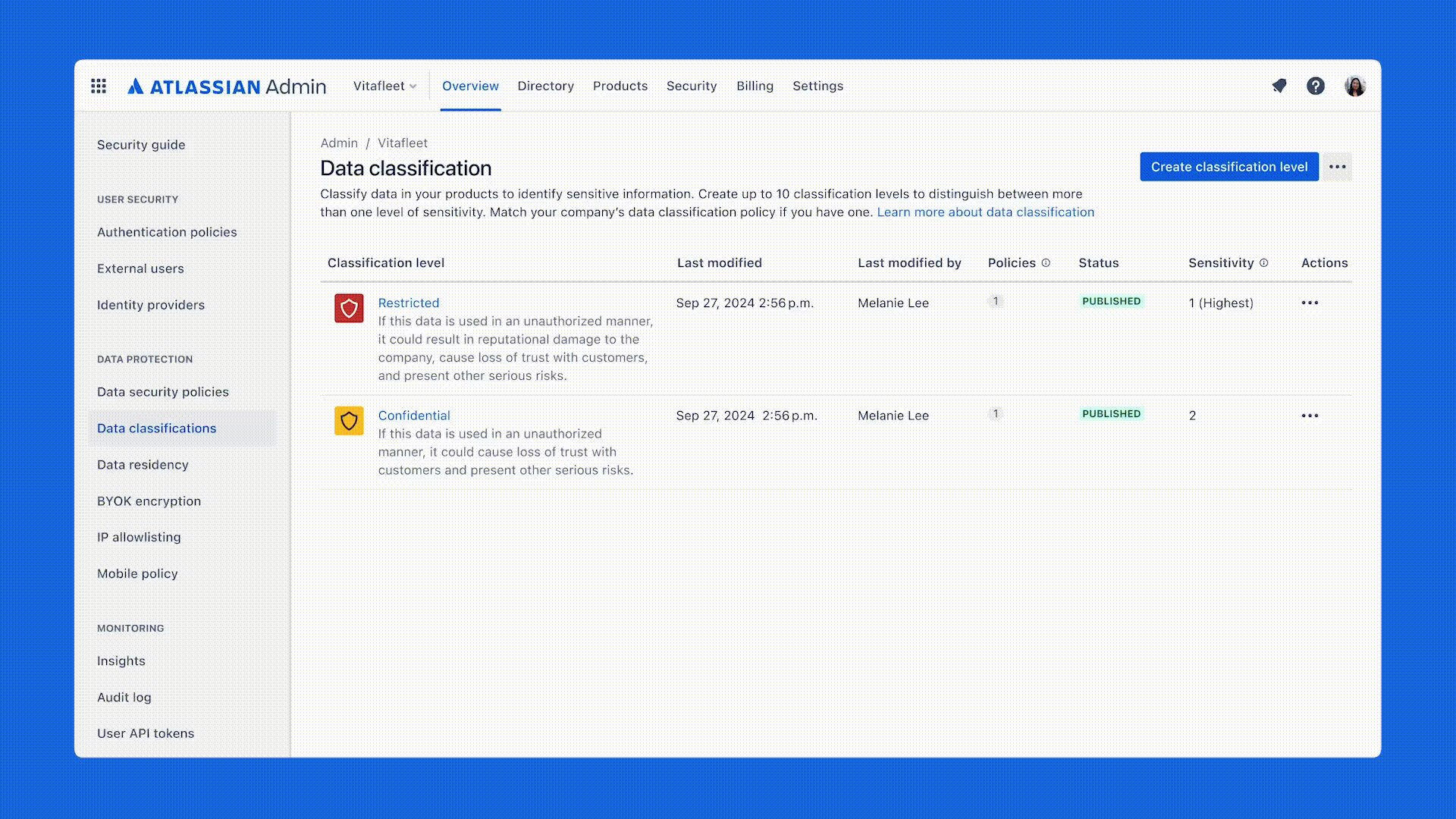 Data classification using Atlassian Guard.