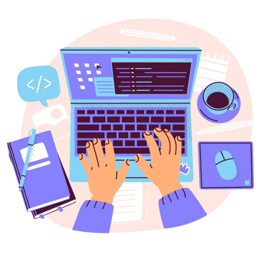 Top-down view of hands typing on a laptop with coding symbols, coffee, and notebooks.