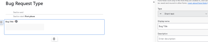 Jira form configuration panel showing the "Bug Title" field with settings for short text and description.