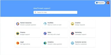 Internal support portal interface with categorized help options like HR, Finance, Sales, and Analytics.