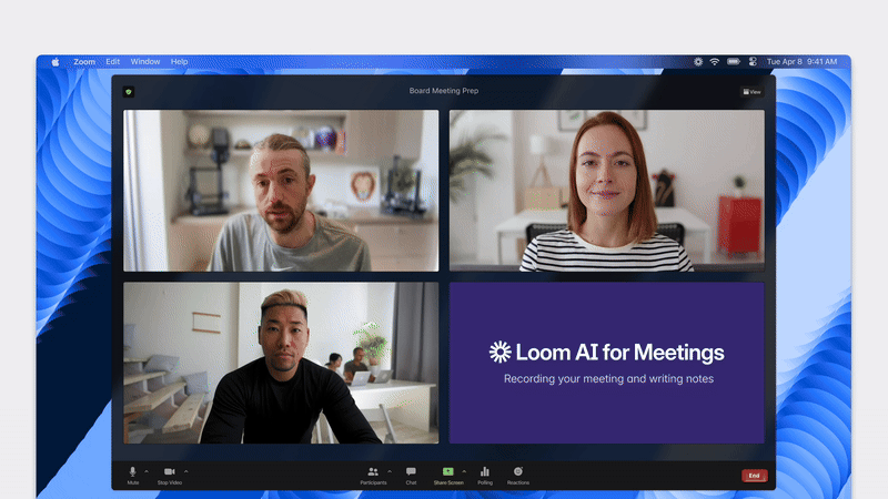 Loom AI for Meetings recording a video call and generating notes.