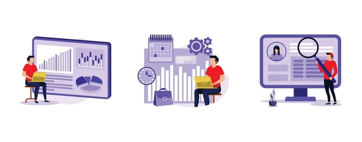 A series of graphics showing individuals engaging with large-format displays presenting statistical data, organizational structures, and search functionalities in a business environment.