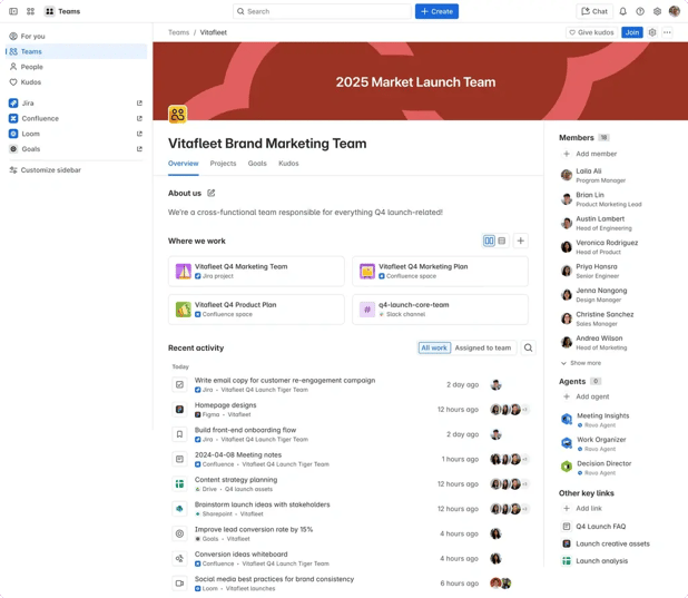 Atlassian Teams overview dashboard for a cross‑functional launch team.