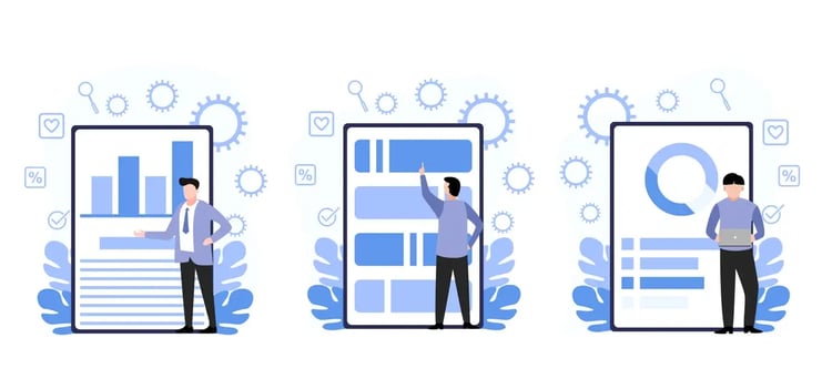 An illustration featuring people interacting with large digital interfaces that represent various business and analytics tools, including graphs and user interfaces.