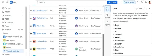 Jira project list view with a Rovo Chat sidebar showing top frequent keywords from issues.