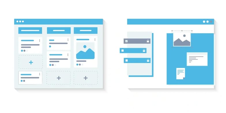 Simplified wireframe designs of a user interface with various elements such as icons, buttons, and image placeholders, representing a blueprint for web or software development.