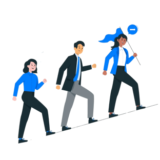 a team climbing uphill with one person holding a flag, symbolizing leadership and progress in preparation for transition.