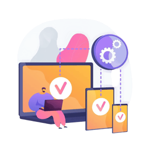 A team member interacting with an AI assistant that is connected to to a laptop, symbolizing productivity.