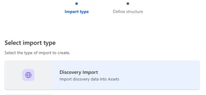 Screen showing the "Discovery Import" option for importing data into Jira Assets.