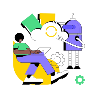 Person using a laptop next to a robot and cloud symbol, illustrating cloud robotics and automation.