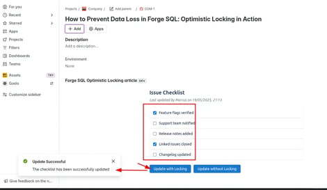 Jira issue checklist updated using optimistic locking with a success message and version-controlled save buttons.
