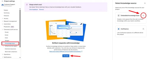 Jira Service Management knowledge base setup screen with options to embed or link Confluence knowledge sources.