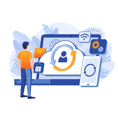 Man viewing cloud sync and security icons on a laptop.
