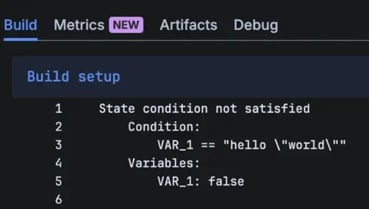 Screenshot of a Bitbucket build log showing a skipped step due to an unsatisfied state condition.