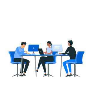 Team of software developers brainstorming around a whiteboard