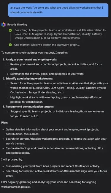 Rovo Chat interface analyzing work and suggesting alignment with relevant Atlassian workstreams, including step-by-step plan.