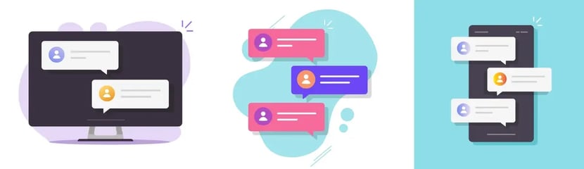 Illustrations of a desktop and mobile phone showing message notifications, depicting digital communication platforms.