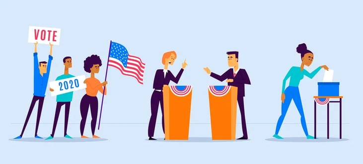 llustration of a diverse group of people engaged in a political campaign, holding signs and an American flag, with candidates debating at podiums and a person casting a ballot, representing an election scene.