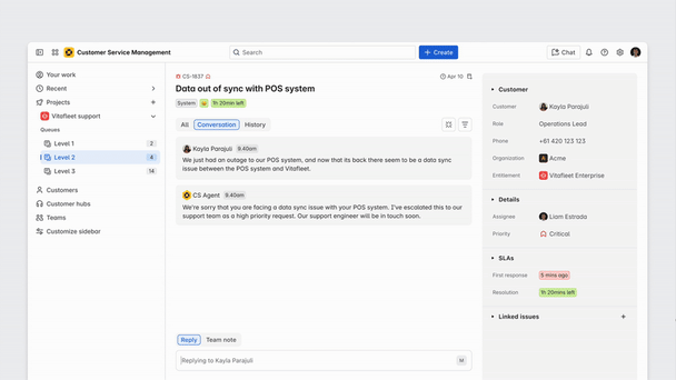 Customer Service Management ticket with AI agent reply and customer context panel.