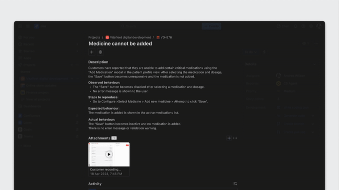 Jira issue detailing “Medicine cannot be added” bug with attached customer video.
